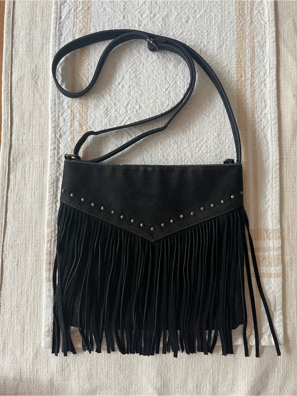 Black Fringe Crossbody Bag with Stud Detail